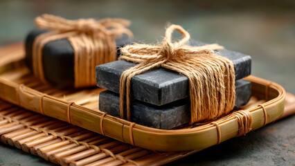 Wrapped charcoal soaps on bamboo tray offer a rustic and natural self-care experience.