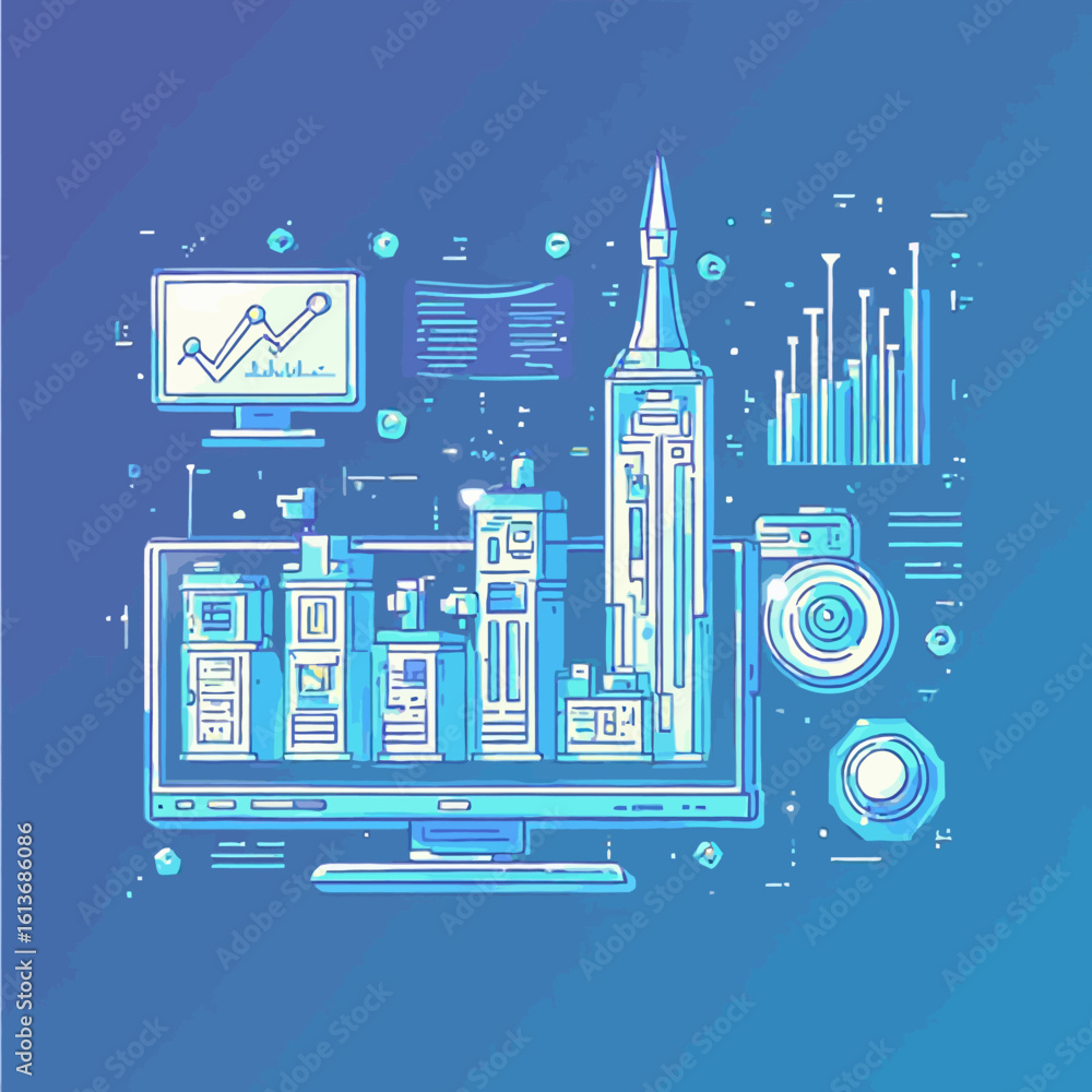 Poster futuristic city skyline displayed on a computer screen, surrounded by data visualizations and techno