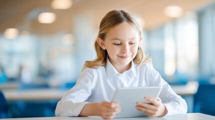 A young girl in a white shirt is happily using a tablet in a bright, modern classroom setting.