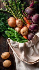 Assortment of freshly picked, colorful, raw vegetables spilling out of a cloth bag.
