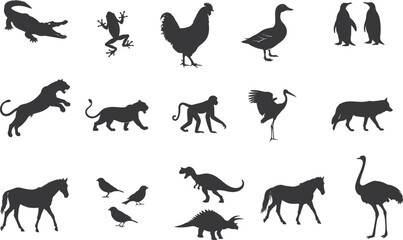 various animal silhouette set collection. Animal vector bundle illust black and white editable eps file. Alligator, Amphibian, Chicken, Dinosaur, Dog, graphic, Duck, Horse, Monkey,