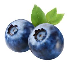 Obraz premium Two fresh blueberries with green leaves isolated on white background representing healthy eating