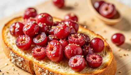 Toast topped with fresh cherries and seeds on wooden board  