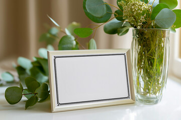 Blank picture frame next to flower vase with greenery on table  