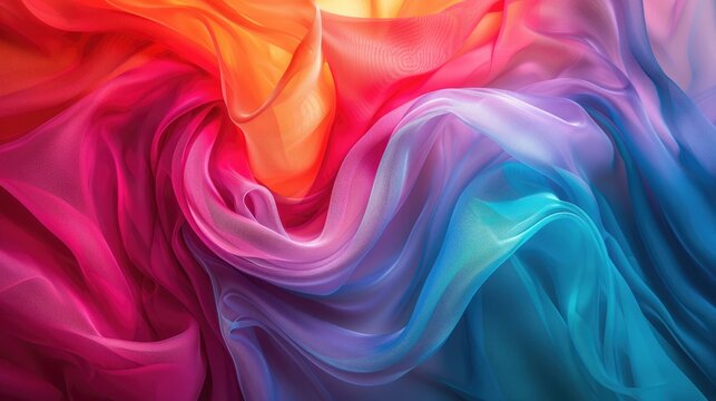 Swirling, translucent fabric in vibrant hues of red, orange, purple, and blue, creating a dynamic, colorful abstract composition