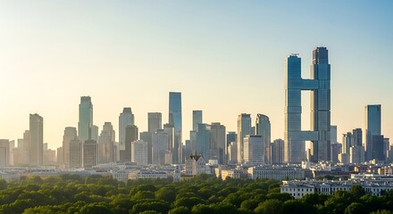 Fototapeta premium A cityscape view featuring numerous skyscrapers rising above a green urban park under a bright sky.
