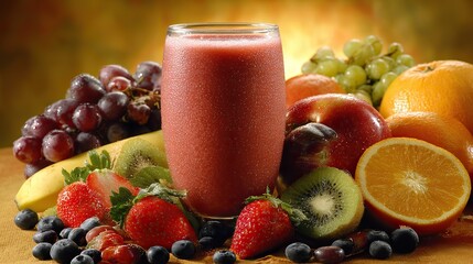 A vibrant pink fruit smoothie with strawberry puree, the table is filled with fresh strawberries, kiwis, blueberries, and lemon slices as accents, highlighting the freshness of a tropical summer.