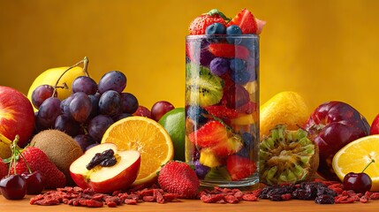 A vibrant pink fruit smoothie with strawberry puree, the table is filled with fresh strawberries, kiwis, blueberries, and lemon slices as accents, highlighting the freshness of a tropical summer.
