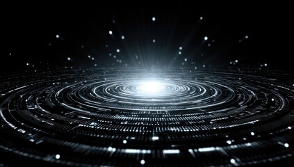 Abstract digital space, concentric circles, glowing center
