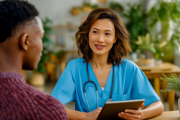 Female doctor consulting with male patient in modern clinic setting  