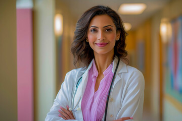 Confident female doctor smiling with arms crossed in hospital hallway  