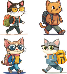 The cat student is walking to the schoo vector style on white background