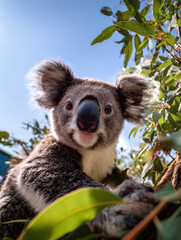 Fototapeta premium koala, australia, animal, bear, marsupial, wildlife, tree, nature, eucalyptus, mammal, australian, wild, fur, cute, zoo, baby, branch, native, isolated, furry, leaf, koala bear, grey, white background