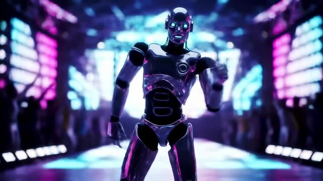 Futuristic robot dancing on a stage lit by vibrant neon lights