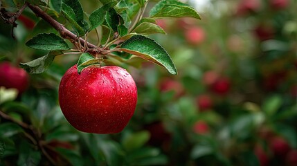 Ripe red apple hangs from branch in orchard