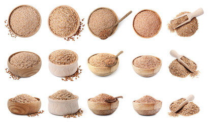 Buckwheat bran isolated on white, set. Top and side view