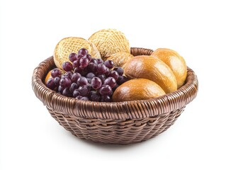 Basket of fresh baked bread rolls and grapes, perfect for breakfast, snack, or dessert use cases
