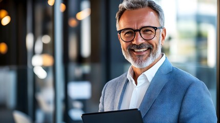 Confident Middle-Aged Businessman Holding Tablet in Modern Office
