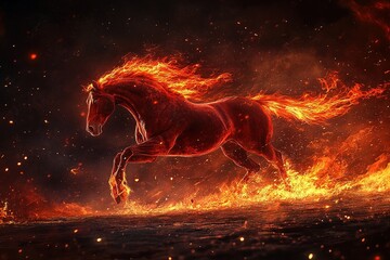 Fiery horse galloping through flames in a powerful and dynamic scene