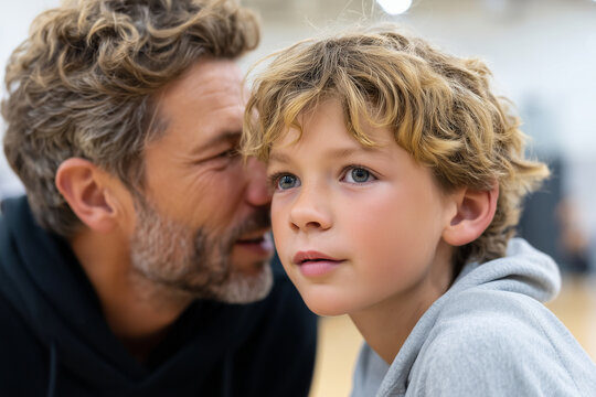 close-up of coach whispering strategy to young player courtside, emotional moment