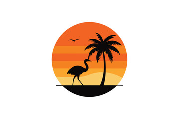Obraz premium Sunset Silhouette with Palm Tree and Cassowary Illustration Design