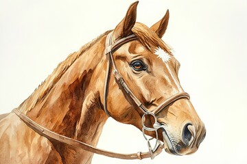 Detailed painting of a brown horse with bridle against light background