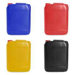 Plastic canisters in different colors isolated on white, set