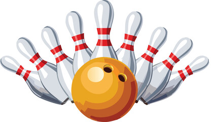 Classic bowling set featuring a shiny bowling ball and colorful pins (skittles), perfect for sports themes, game nights, or recreational illustrations.
