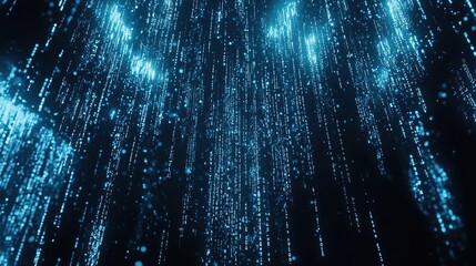 Abstract digital rain with glowing blue data streams on black background