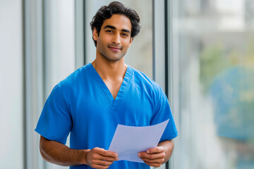 Male doctor smiling while holding documents in modern clinic  