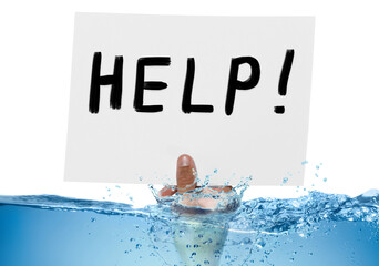 Paper with word Help in man's hand sticking out of water against white background