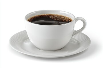 Studio shot of fresh black coffee in a white mug and saucer; minimalist, clean, and sophisticated.