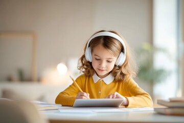 A young girl wearing headphones concentrates while writing in a notebook at a bright, cozy study space.