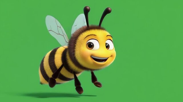 A cheerful, 3D cartoon bee with big expressive eyes, smiling face, and clear, semi-transparent wings hovers in the center of the frame