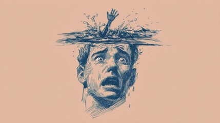 Panicked face illustration with brain area showing a drowning person raising a hand for help