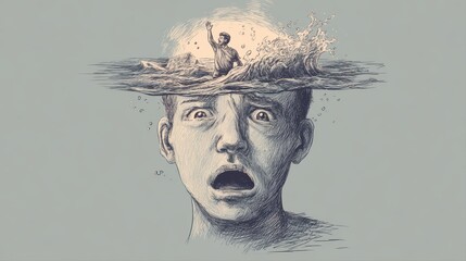 Panicked face illustration with brain area showing a drowning person raising a hand for help