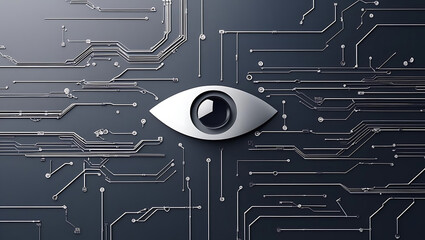 Minimal justice icon merged with circuit lines and AI eye represents ethics and bias