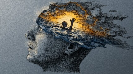 Panicked face illustration with brain area showing a drowning person raising a hand for help