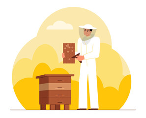 Beekeeper with beehive. Man in hat with protective mesh and in overalls holds a frame with honeycombs. Beekeeping and get honey. Flat vector illustration.