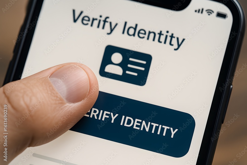 Poster a close-up shot of a phone screen displaying a verify identity prompt, with a finger touching the sc