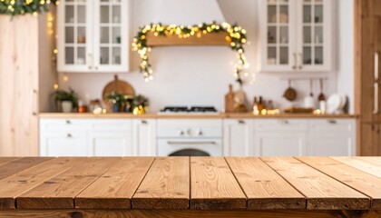 Fototapeta premium Cozy kitchen interior with wooden countertop, white cabinets, and festive string lights decorating the space.