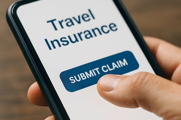 Close-up of a hand interacting with a mobile phone screen displaying Travel Insurance and a Submit Claim button, emphasizing digital convenience and accessibility.
