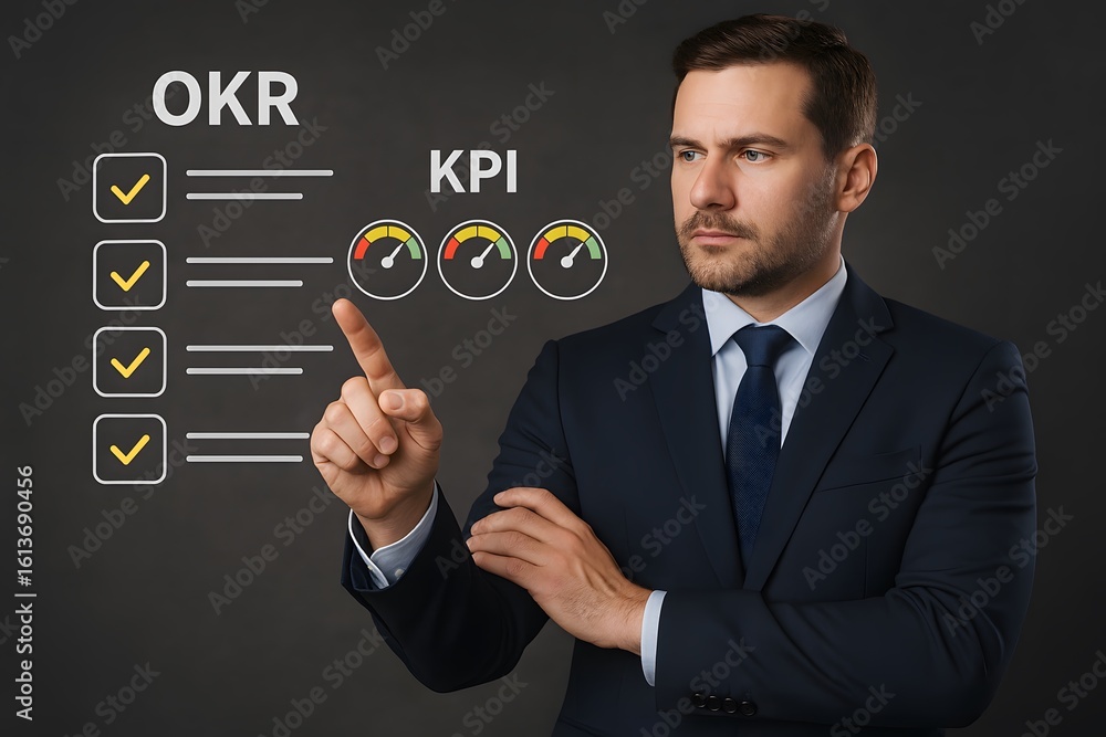 Poster a businessman interacting with a list of objectives and key results, and key performance indicators.