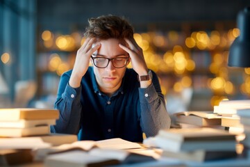 A stressed young man wearing glasses studies intensely surrounded by stacks of books under warm lighting.