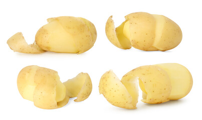 Fresh potatoes with peels isolated on white, set