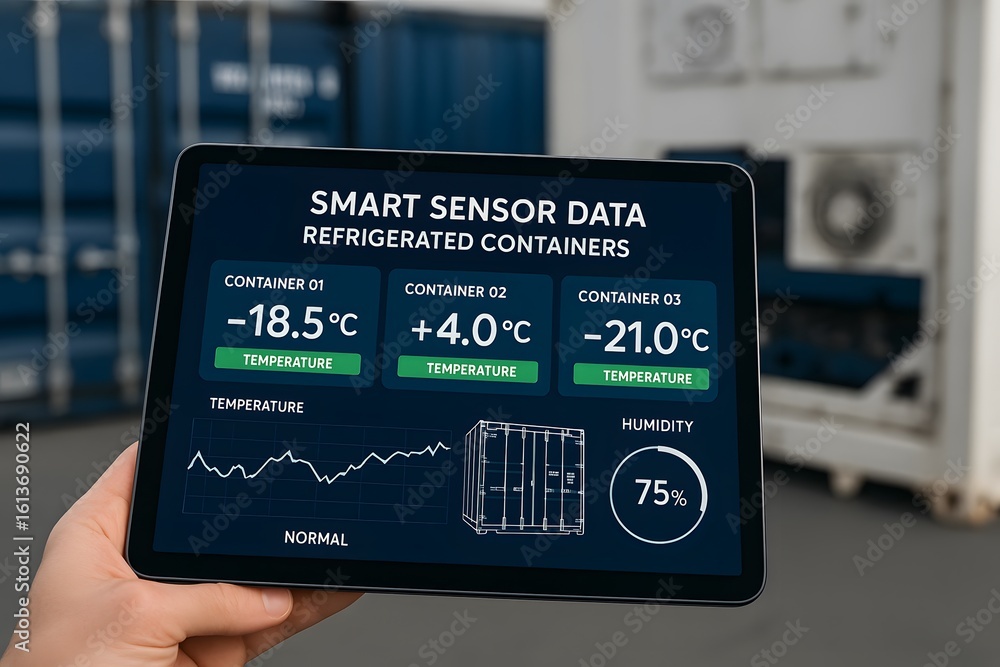 Poster smart sensor data: real-time tracking of refrigerated containers. a hand holds a tablet displaying d
