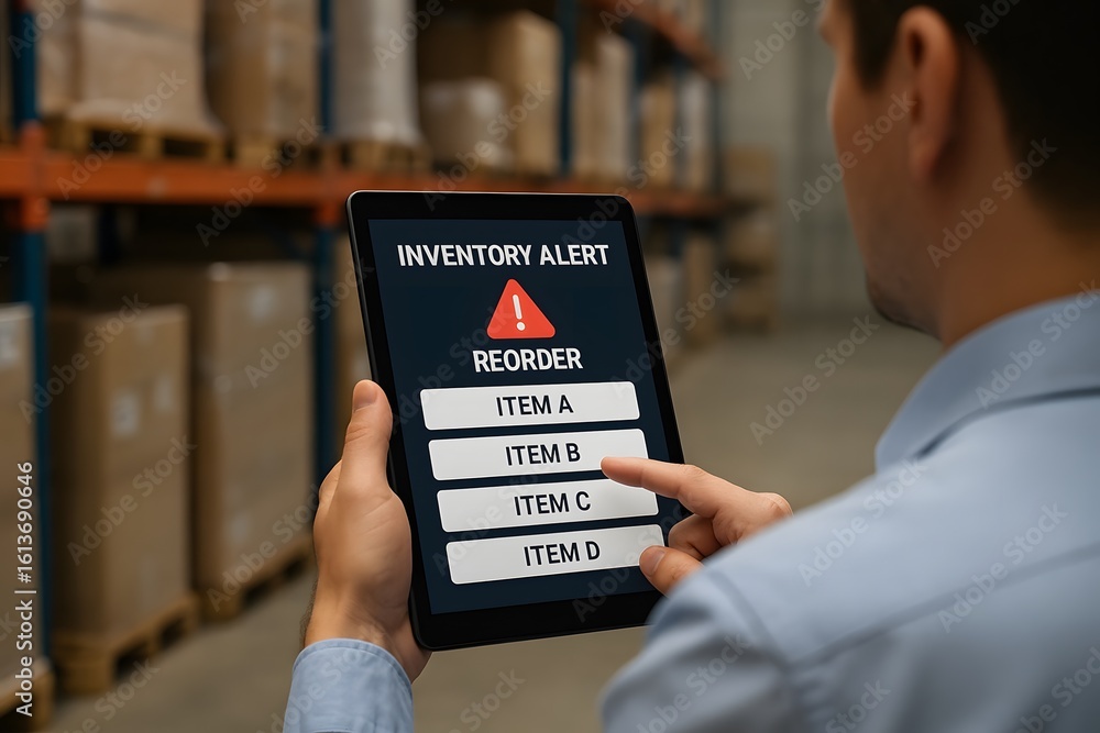 Poster a man in a warehouse uses a tablet displaying an inventory alert message to reorder items.