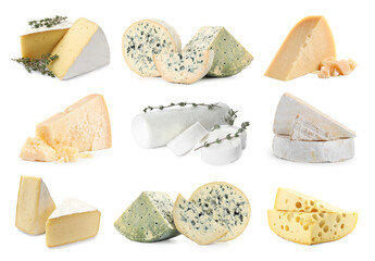 Different types of cheese isolated on white, set