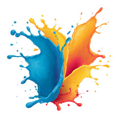 A vibrant splash of blue, yellow, and orange paint creates an abstract and dynamic design isolated on transparent background