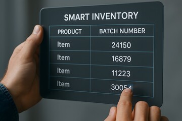 Hands interacting with a smart inventory display, showcasing data with modern technology. The scene focuses on digital information management and streamlined processes
